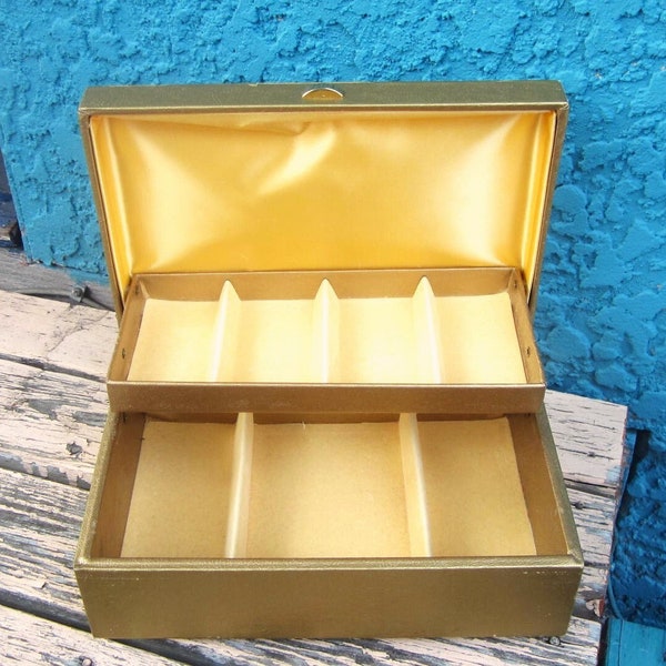 Buxton Gold Jewelry Box with Yellow Velvet 60s Vinyl Jewel Box 2 Tier Buxton Jewelry Storage