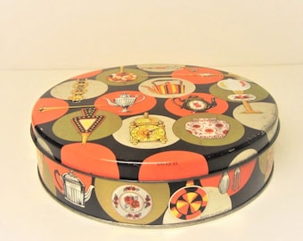 Huntley Boorne Biscuit Tin 60s Orange & Black Tin Box Round Cake Tin Antique Theme