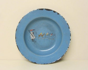 Antique Child Enamel Bowl German?? Enamelware 30s Blue Enamel Dish Farmhouse Kitchen