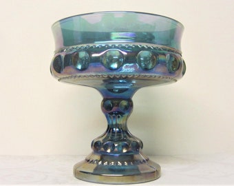 Blue Indiana Glass Compote Dish King Crown 60s Blue Carnival Glass Bowl Indiana Small Compote