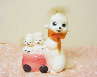 Japan Poodles Piggy Bank 50s Ceramic Dogs with Fur Coin Bank Kitschy Piggybank Mom & Puppies