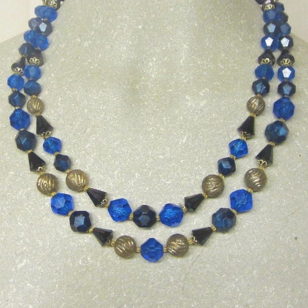 Blue Bead Necklace Germany 40s Blue & Gold Multi Strand Royal Blue 2 Strand Necklace