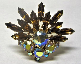 Rhinestone Spray Brooch Topaz & Aurora Borealis Rhinestones 1960s Topaz AB Brooch