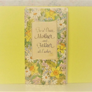 Carte de Pâques Chères mères et pères, artisanat rouille, fleurs de Pâques, jonquilles, jacinthes des bois, carte inutilisée