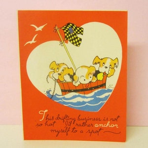 Carte de Saint-Valentin mignonne des années 60 Chiots en mer vintage « Soyez votre Valentin » signé
