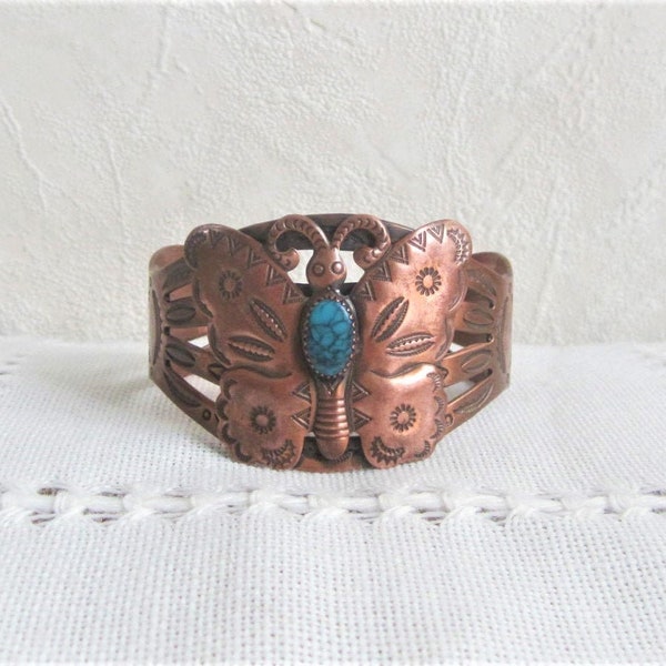 60s Copper Cuff Bracelet Southwestern Solid Copper Bell Trading Wide Cuff Boho Butterfly Bracelet