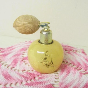Genuine Alabaster Perfume Atomizer Empty with Painted Design Italy Yellow Alabaster