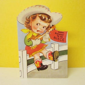Carte d'anniversaire artisanale rouille des années 60 à ma nièce, petite cow-girl, carte d'anniversaire vintage nièce signée