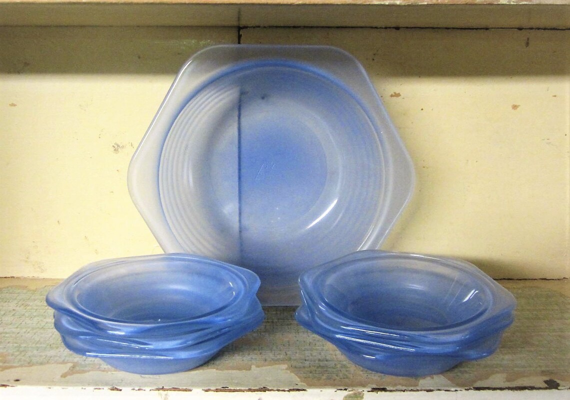 Blue Glass Dessert Bowl Set Phoenix England Hexagon Bowls Etsy