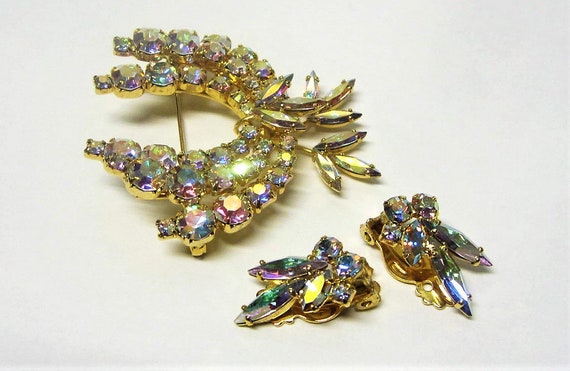 AB Rhinestone Brooch & Earring Set 1960s Sparkly R