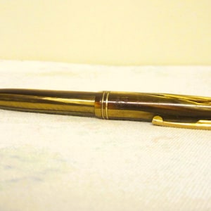 May include: A gold-toned fountain pen with a brown marbled barrel and a gold-toned clip.