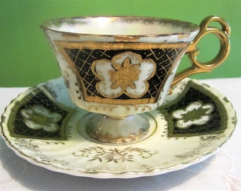 【超美品・お引き取限定】仏手テーブル Japan Lustreware Footed Teacup Black & Gold Pedestal Teacup