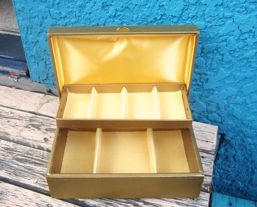 Buxton Gold Jewelry Box With Yellow Velvet 60s Vinyl Jewel Box 2 Tier