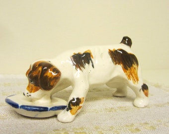 Occupied Japan Puppy Figurine 50s Porcelain Beagle Dog Drinks From Bowl Knick Knack Dog Collectible