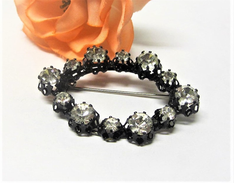 Japanned Rhinestone Brooch Austria Clear Rhinestone Oval Etsy