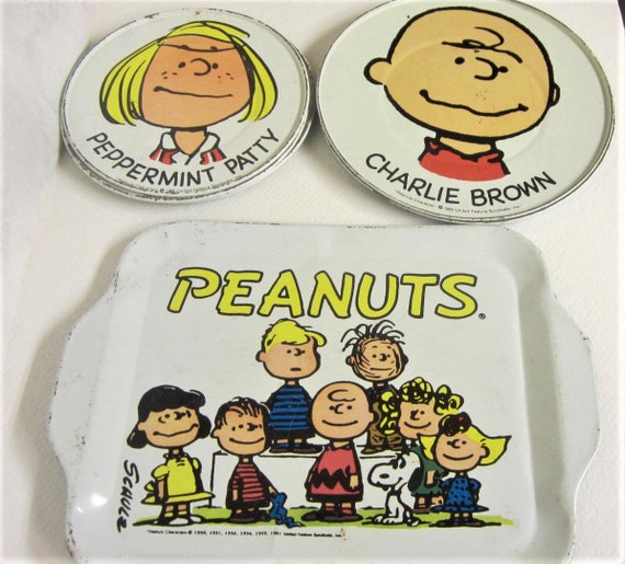 Vintage 60s Peanuts Gang Tin Toy Plate Set - 8 Piece Metal Dishes