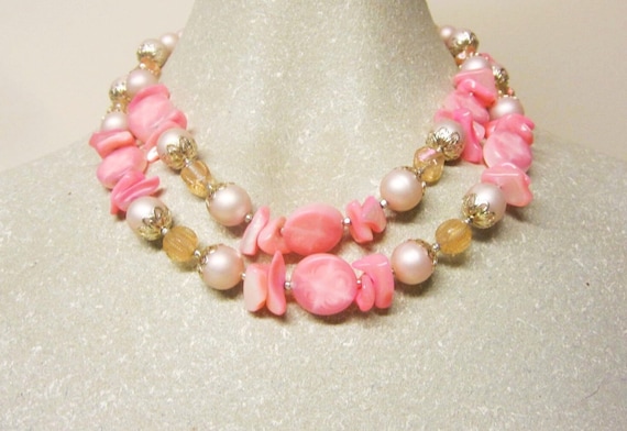 Pink Beaded Necklace 60s Japan Bead Necklace 2 Strand Necklace Bright Pink & Pearly Beads