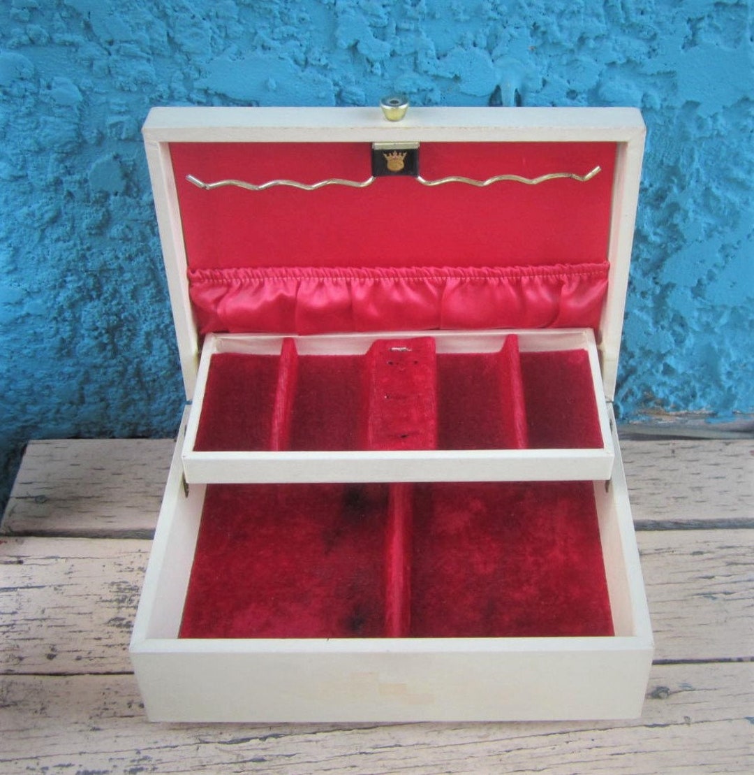 60s Cream Jewelry Box With Red Velvet & Satin Vinyl Jewel Box Etsy