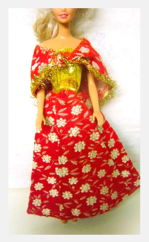 barbie red and gold dress Vintage Barbie Doll Red Gold Holiday Dress Sparkly Gown Outfit Clothes w/  Brooch
