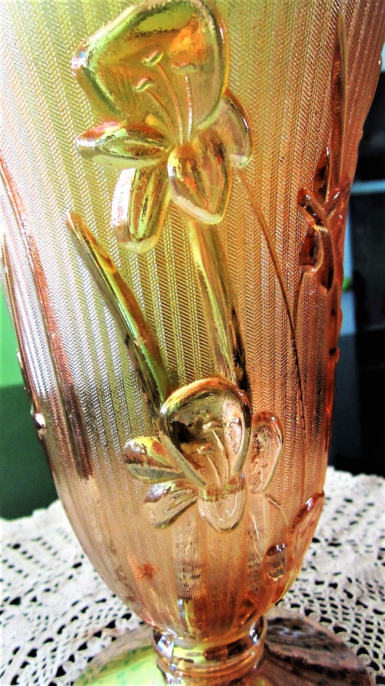 Glass Marigold Vase Iris & Herringbone 1950s Footed Etsy
