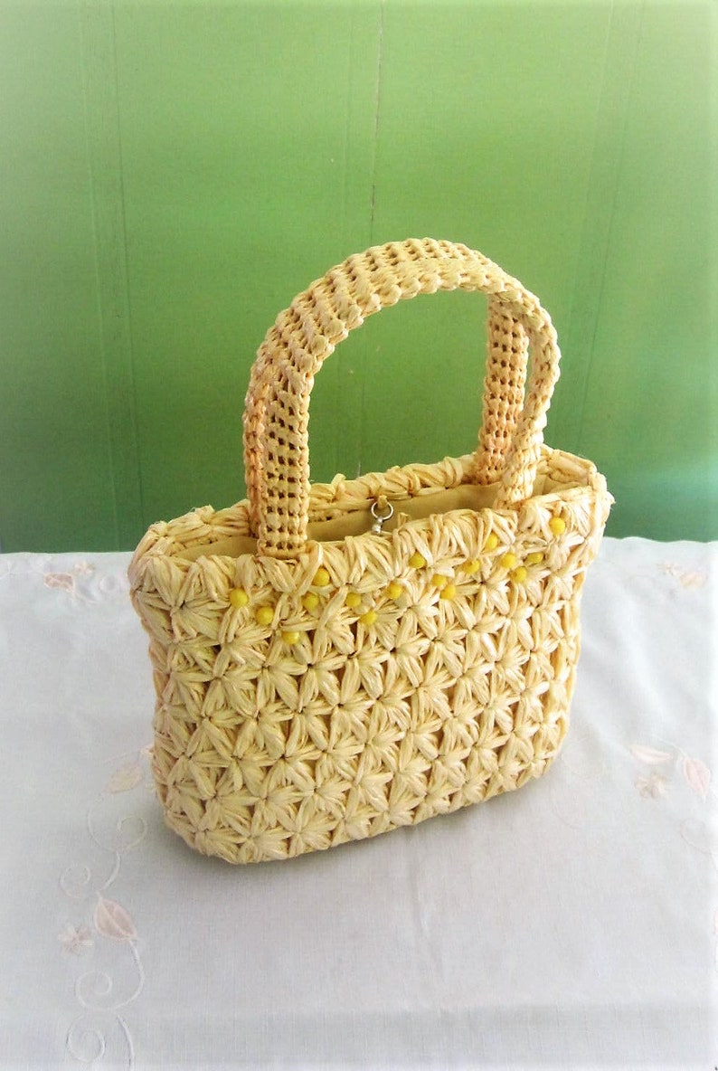 Yellow Raffia Straw Handbag 1960s Straw Woven Tote Bag Japan Etsy