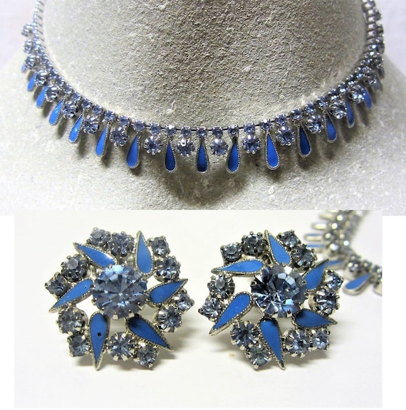 Weiss Blue Enamel & Rhinestone Choker Set 60s Weis