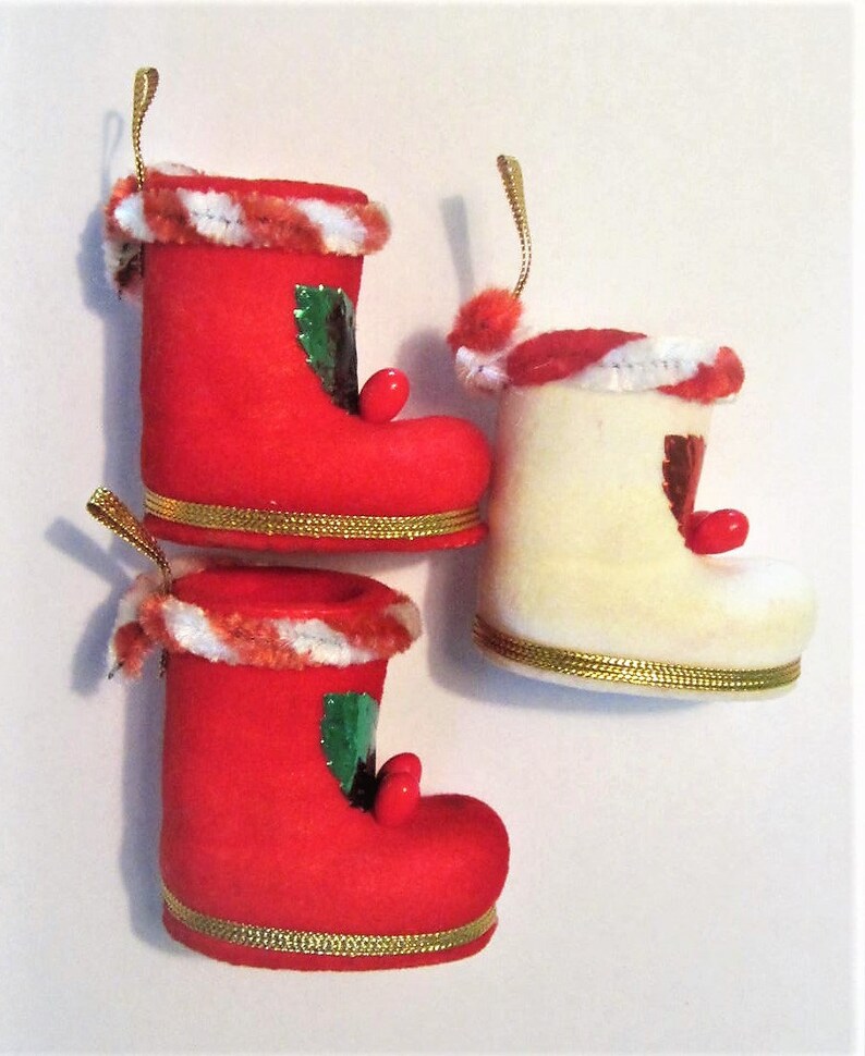 Flocked Santa Boot Ornaments Set of 3 60s Santa Boots Etsy