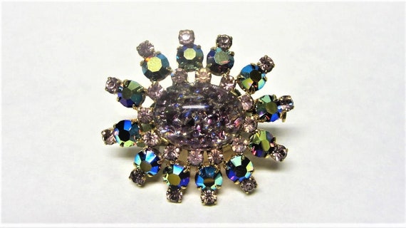 Starburst Rhinestone Brooch 30s Glass & Aurora Borealis Rhinestone Brooch Vintage Confetti Glass Brooch