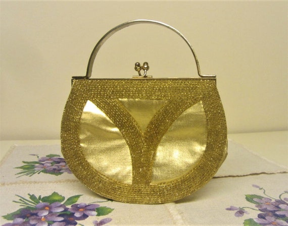 Gold Beaded Purse Japan 60s Evening Bag Gold Vinyl & Beads Top Handle Purse Gold Handbag