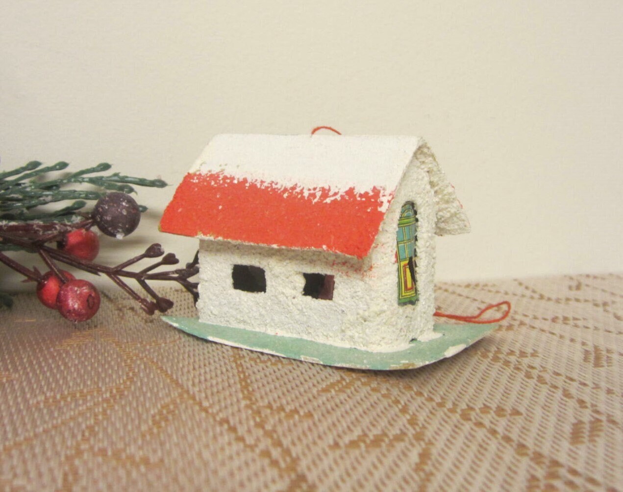 50s Putz House Ornament Cardboard House Christmas Village Japan?? Putz House Mica Glitter Roof