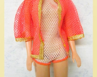 Barbie Dramatic New Living n.° 1116, chaqueta de playa de red naranja, traje de baño de red blanco n.° 1162