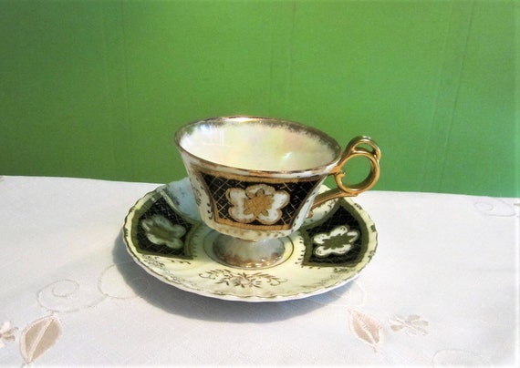 Japan Lustreware Footed Teacup Black & Gold Pedestal Teacup