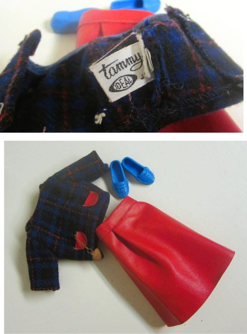 May include: A blue and red plaid jacket with a red skirt and blue shoes. The jacket has a label that says "Tammy" and "Ideal".