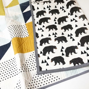 Bear Puzzlecloth Modern Wholecloth Baby Quilt-Twin Boy Quilt-Baby Quilt Blanket-Woodland Baby Quilt, Indie Baby Quilt-Navy, Mint, Grey image 1