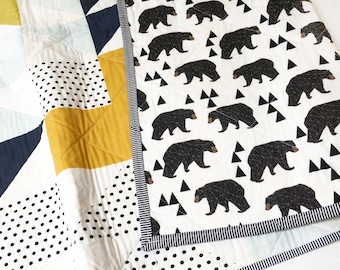 Bear Puzzlecloth Modern Wholecloth Baby Quilt-Twin Boy Quilt-Baby Quilt Blanket-Woodland Baby Quilt, Indie Baby Quilt-Navy, Mint, Grey