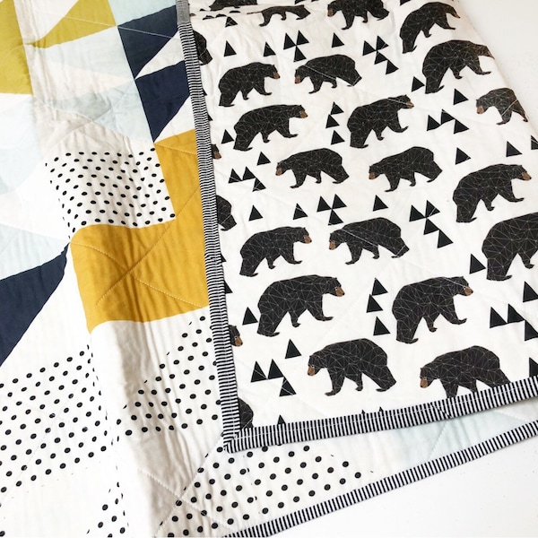 Bear Puzzlecloth Modern Wholecloth Baby Quilt-Twin Boy Quilt-Baby Quilt Blanket-Woodland Baby Quilt, Indie Baby Quilt-Navy, Mint, Grey