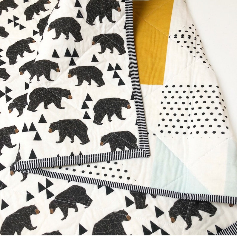 Bear Puzzlecloth Modern Wholecloth Baby Quilt-Twin Boy Quilt-Baby Quilt Blanket-Woodland Baby Quilt, Indie Baby Quilt-Navy, Mint, Grey image 8