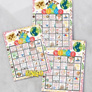 May include: Three colorful bingo cards with a world travel theme. Each card features a grid of images and text related to travel, culture, and language. The word "BINGO" is prominently displayed on each card, along with illustrations of the globe and children.