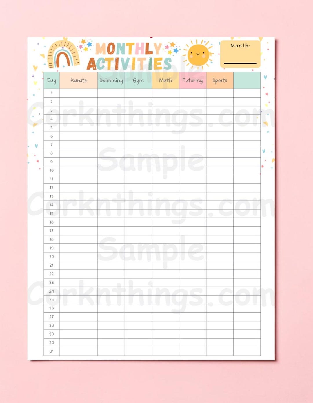 Colorful Monthly Activities Tracker | Rainbow Kids Tracker for Parents ...