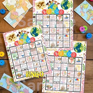 May include: A collection of colorful Bingo cards with a world travel theme, featuring illustrations of globes, maps, and children. The word "BINGO" is prominently displayed on each card. Various colored game markers and map cutouts are scattered around the cards.