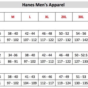 May include: Size chart for men's apparel from Hanes. The chart shows sizes from XS to 6XL, with measurements in inches and centimeters for chest, waist, and hips.