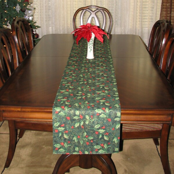 Christmas table runner, Christmas holly berry decor, Gold table runner, Woodland Christmas decor