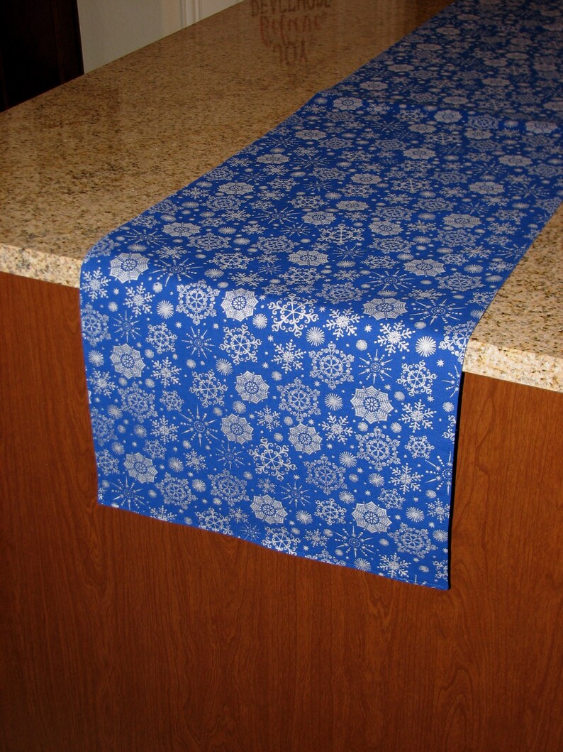 Blue Christmas Table Runner Snowflake Table Decor Silver Etsy