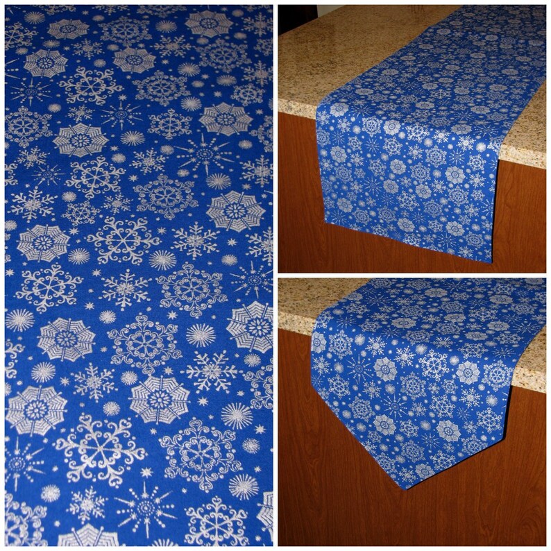 Blue Christmas Table Runner Snowflake Table Decor Silver Etsy