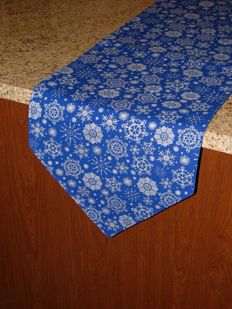 Blue Christmas Table Runner Snowflake Table Decor Silver Etsy