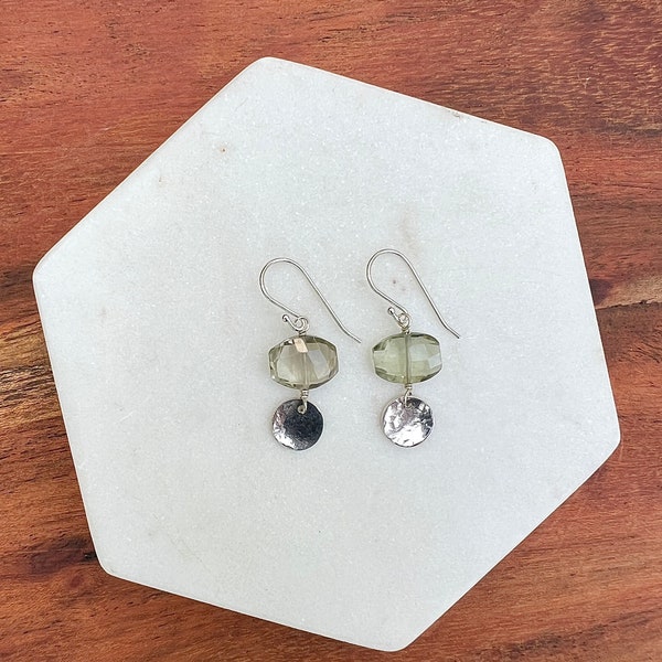 Faceted oval gemstone with hammered disc. Artisan earrings choose your own color combination.