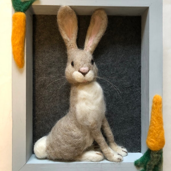 Rabbit, Needle Felted Gray  Bunny, Shadow Box Hare