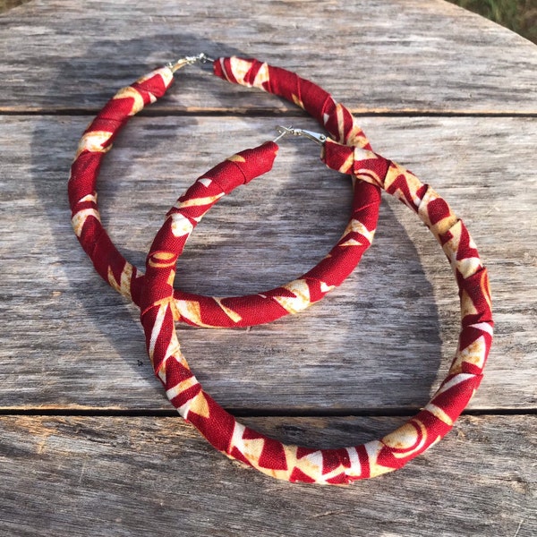 Fabric Wrapped Large Red Hoop Earrings