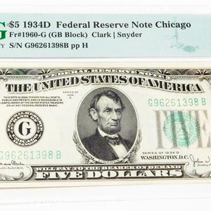 1934D Five Dollar Federal Reserve Note - PMG Graded 64EPQ