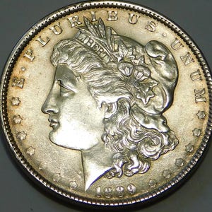 May include: A close-up of a silver coin with a profile of a woman's face, the word "LIBERTY" and the year 1889. The coin has the words "E PLURIBUS UNUM" and "UNITED STATES OF AMERICA" around the edges.